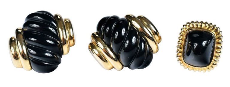 18k gold carved onyx earrings and ring set