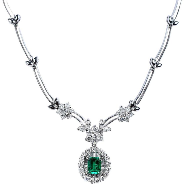 Platinum diamond halo emerald drop necklace
