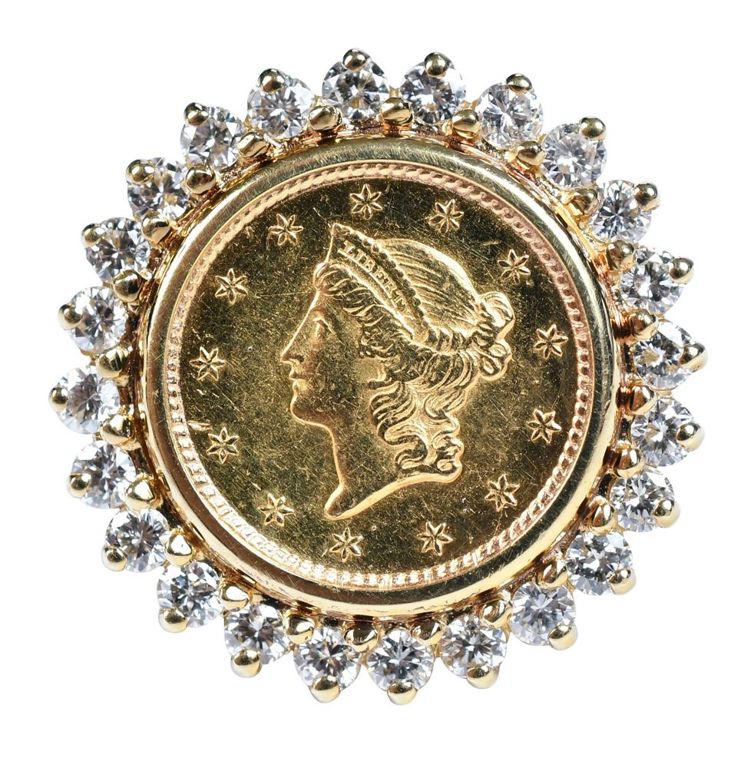 18k yellow gold Liberty Head coin and diamond ring