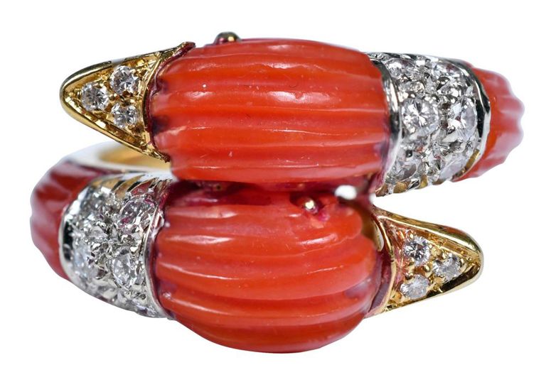 18k gold swan carved coral and diamond ring