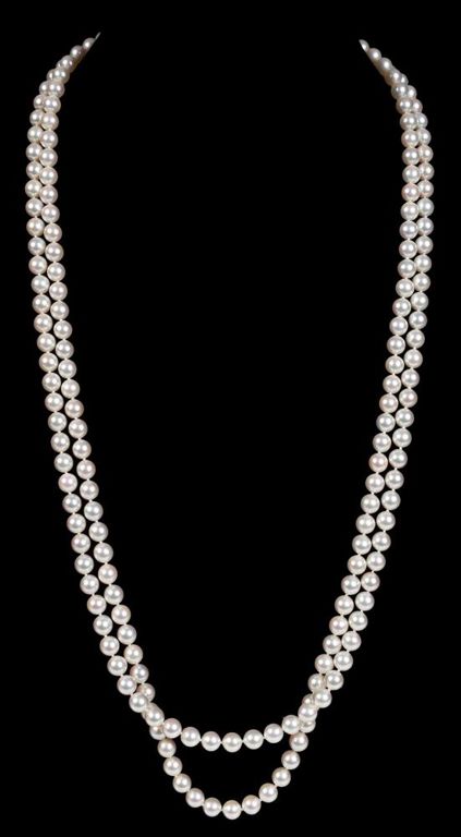 Yellow gold double strand pearl necklace