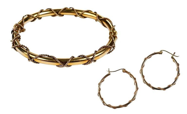 14k gold hinged bangle bracelet and hoop earrings