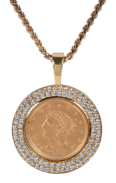 18k gold pendant with Liberty Head coin and diamond halo with chain