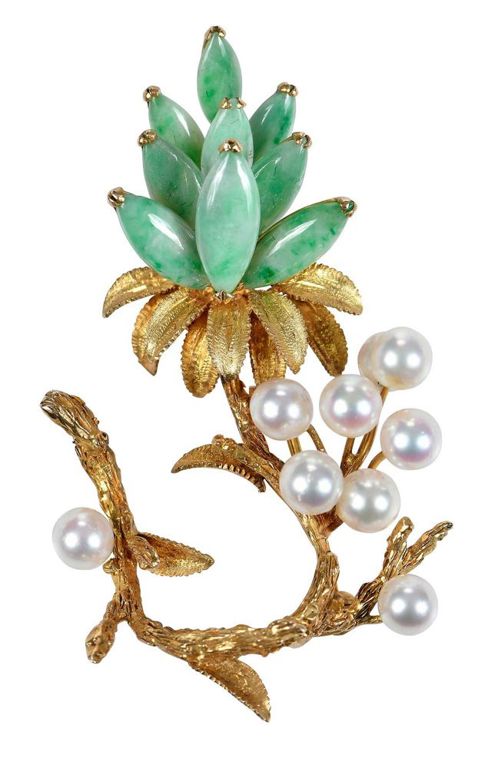 14k gold vintage jade and pearl brooch