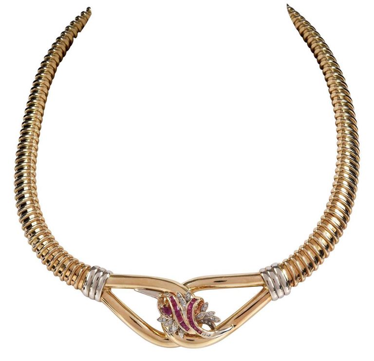 14k gold flexible ruby and diamond collar necklace