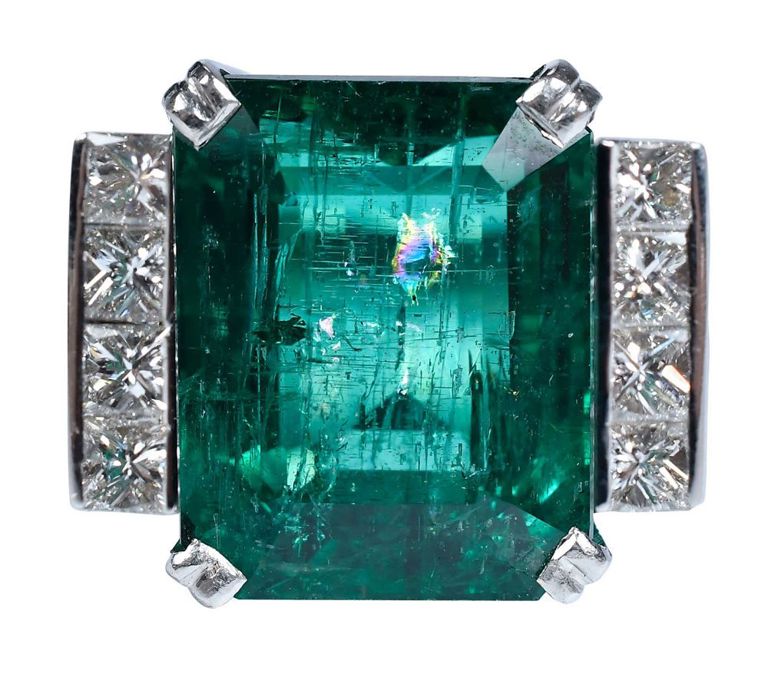 Platinum emerald and diamond ring