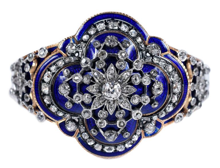 14k gold antique diamond enamel cuff bracelet