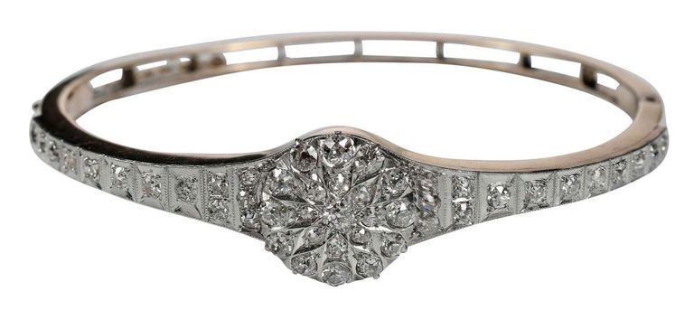 14k yellow gold and platinum Edwardian diamond bangle bracelet