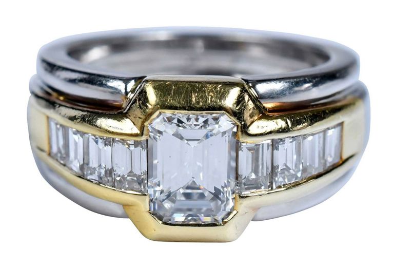 18k yellow and white gold emerald cut diamond ring