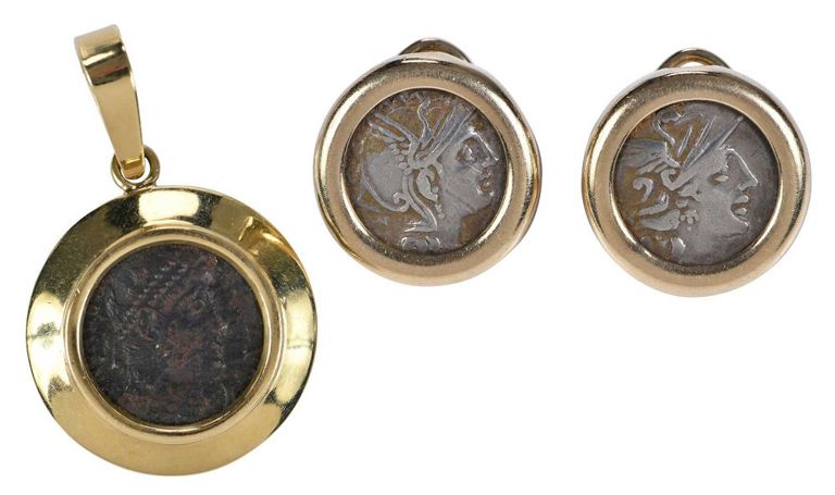 18k yellow gold Roman style coin pendant and 14k earrings
