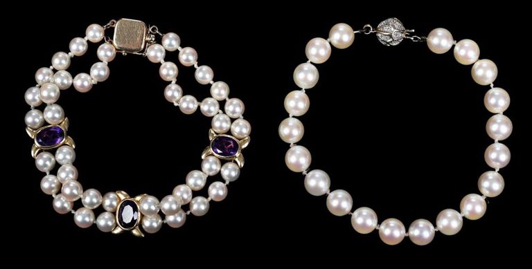 Two 14k pearl bracelets with diamonds and amethyst