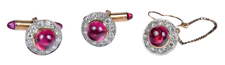 18k yellow and white gold diamond and ruby cabochon cufflinks and tie tack