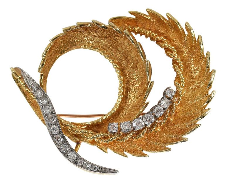 18k yellow and white gold vintage spiral diamond brooch