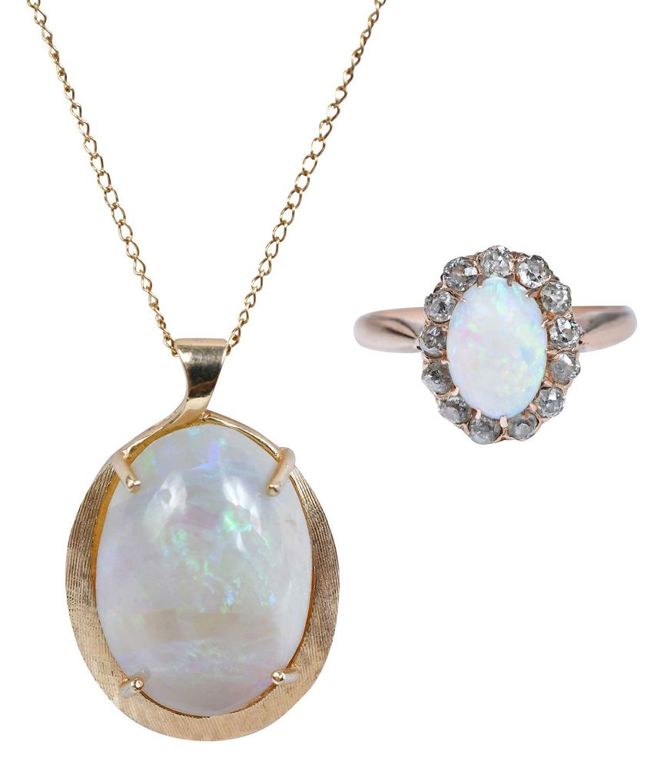 14k yellow gold opal pendant and opal ring with diamonds