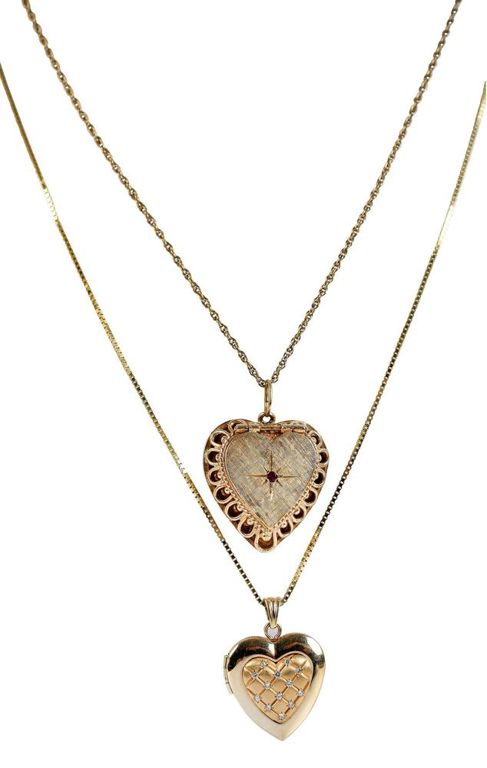 Two 14k yellow gold heart locket necklaces C