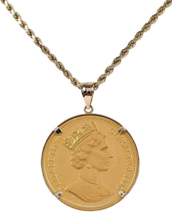 14k yellow gold Gibraltar "Royal" Bulldog gold coin necklace