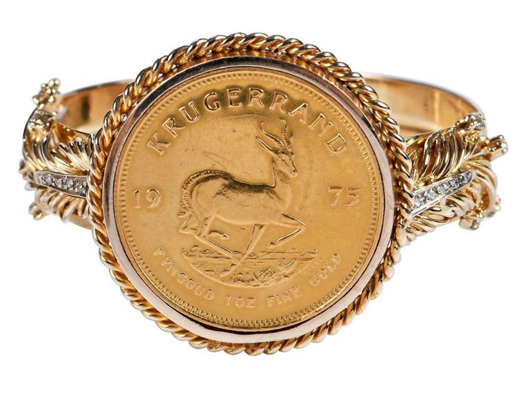 14k yellow gold Krugerrand coin bracelet with diamonds