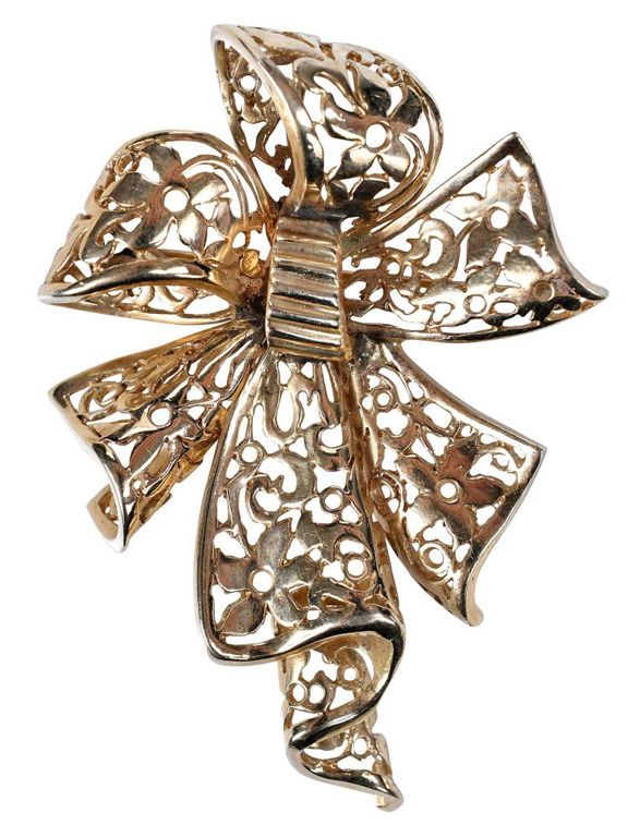 14k yellow gold vintage bow brooch
