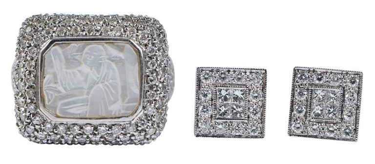 18k white gold carved mother of pearl diamond ring and earrings