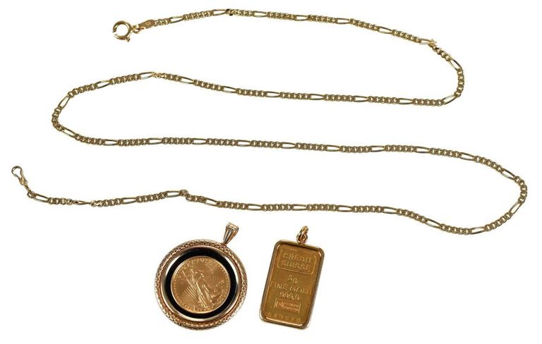 14k yellow gold 1999 American Gold Eagle pendant, Figaro chain and gold ingot
