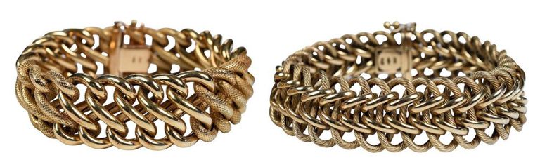 Two 14k yellow gold Italian wide fancy link bracelets