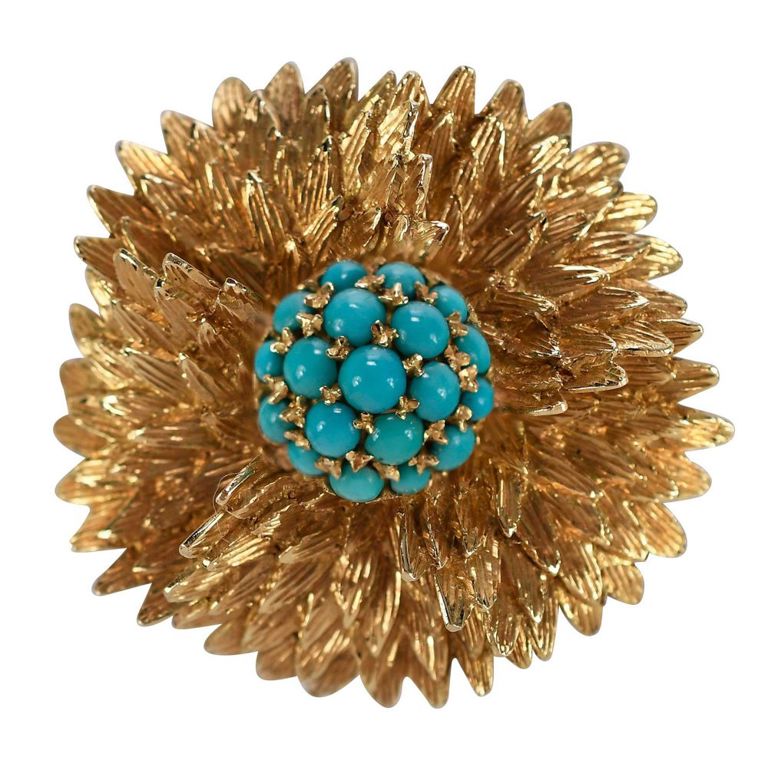 Yellow gold turquoise brooch