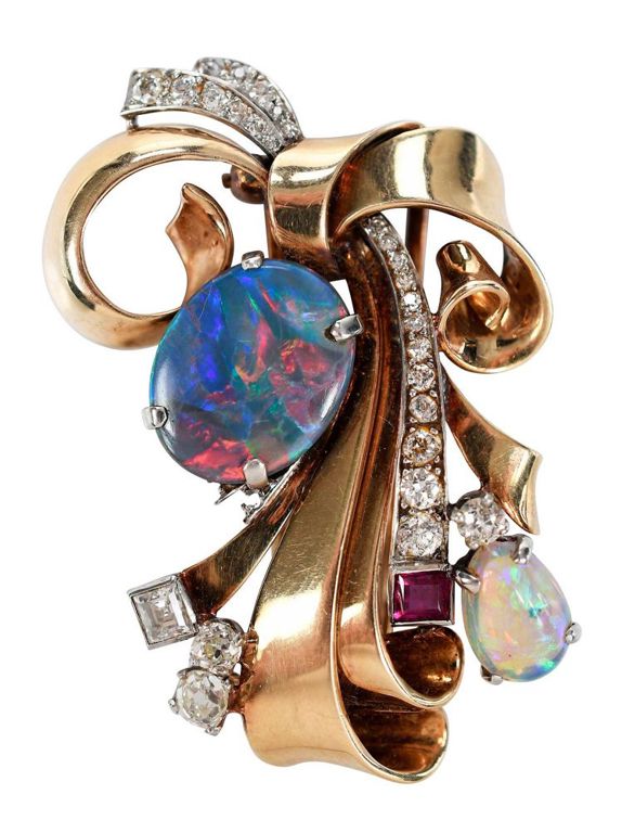 14k yellow and white gold vintage opal, diamond and ruby brooch