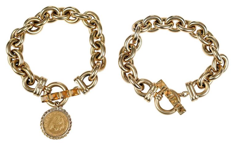 Two 18k yellow gold cable link charm bracelets