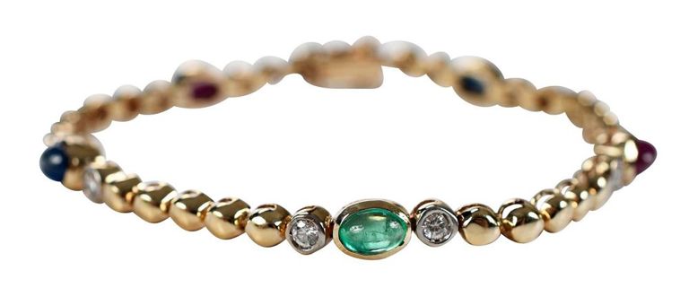 14k yellow gold sapphire, ruby, emerald and diamond bracelet