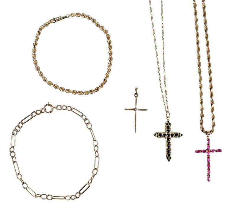 Gemstone crosses with chains and gold bracelets
