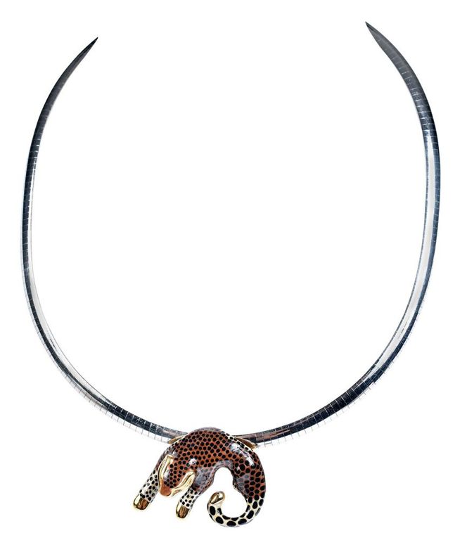 14k yellow gold Italian omega chain with leopard pendant