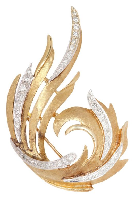 14k gold diamond foliate brooch