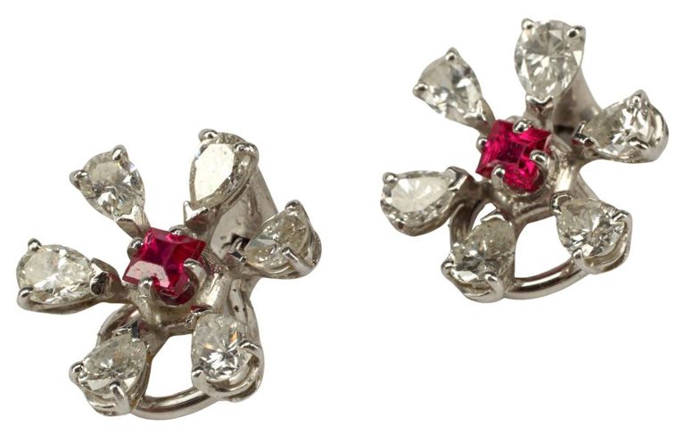 Platinum ruby and diamond flower earrings