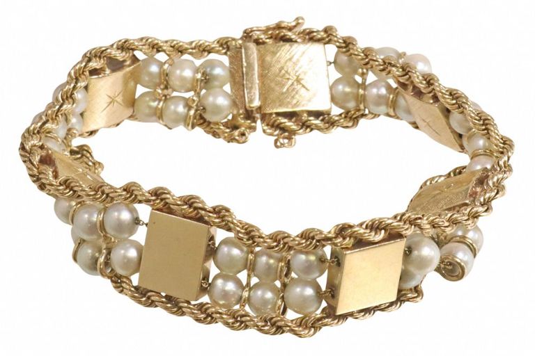 14k yellow gold double strand pearl bracelet