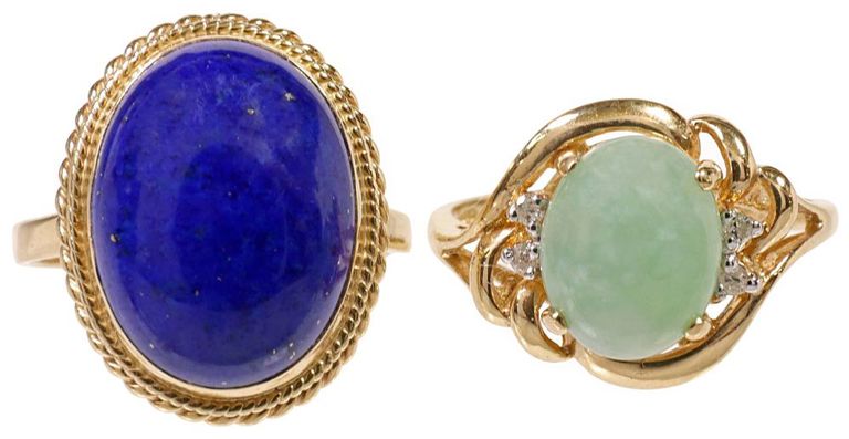 14k yellow gold lapis and jade cabochon rings