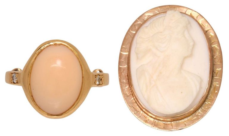 Cameo 14k yellow gold angel skin coral jewelry set