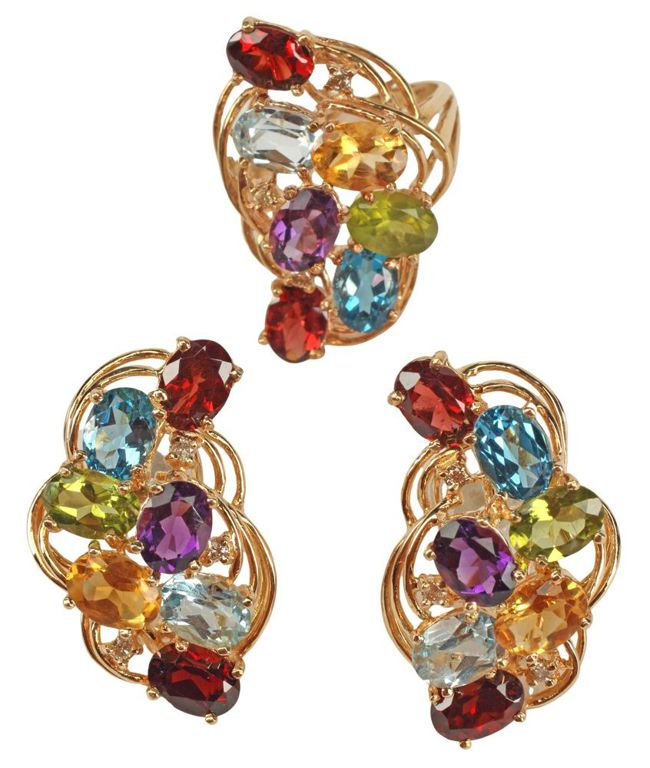 14k yellow gold diamond and multigem jewelry suite