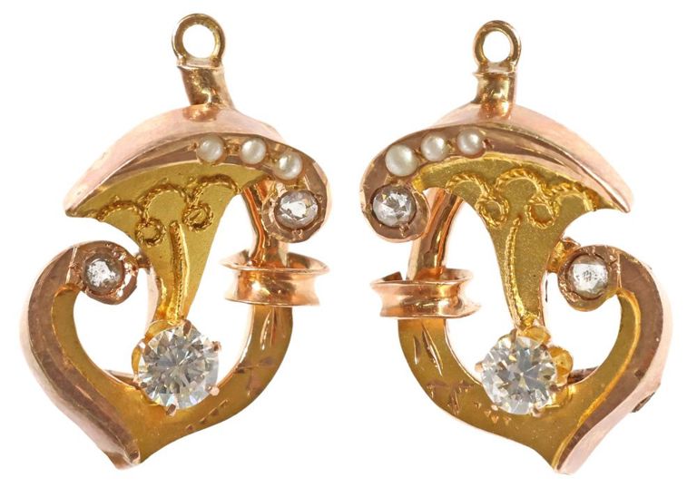 Victorian 12k gold diamond and seed pearl earrings