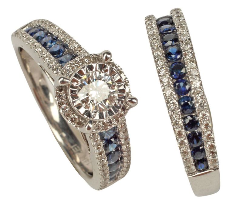 14k white gold blue sapphire and diamond bridal ring set