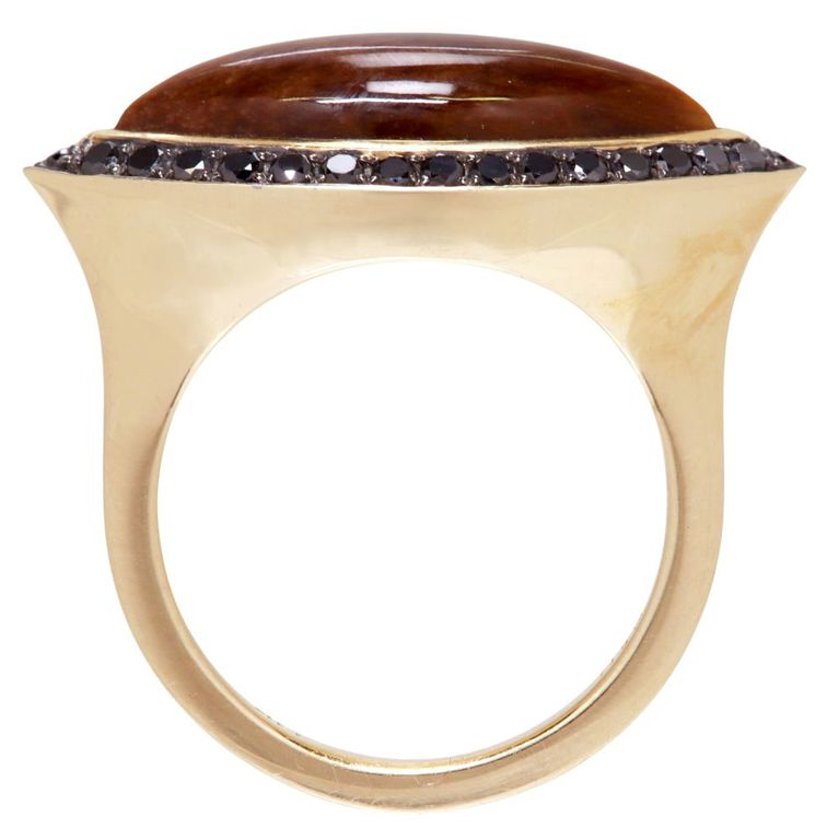 14k yellow gold tiger's eye and black diamond ring