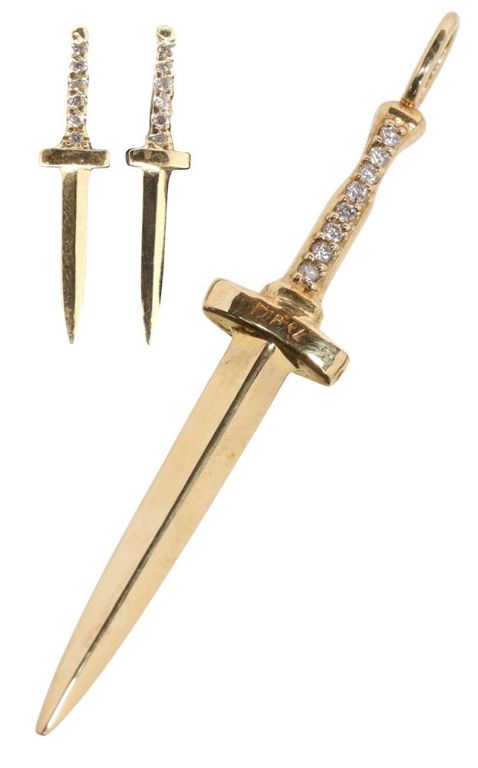 14k gold diamond dagger pendant and earrings