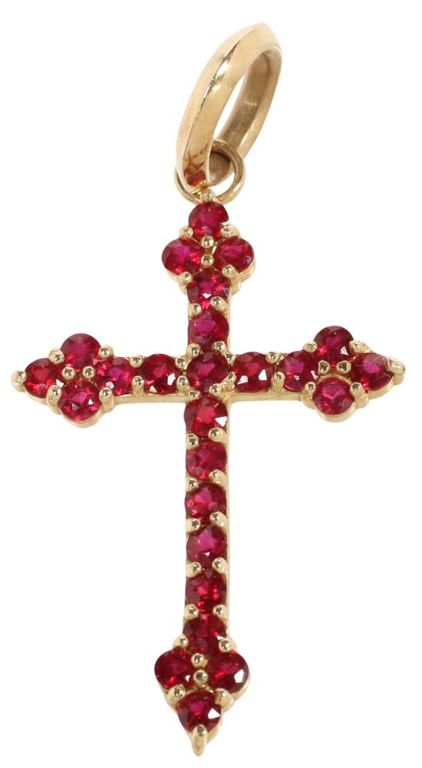 Gothic 14k yellow gold cross ruby pendant