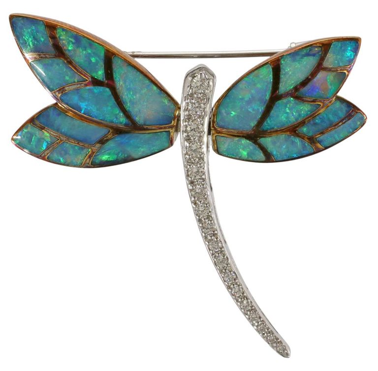 14k gold diamond and opal dragonfly brooch