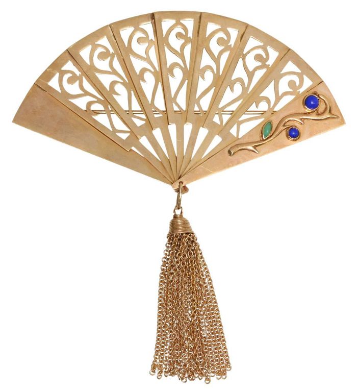 14k gold hardstone fan brooch