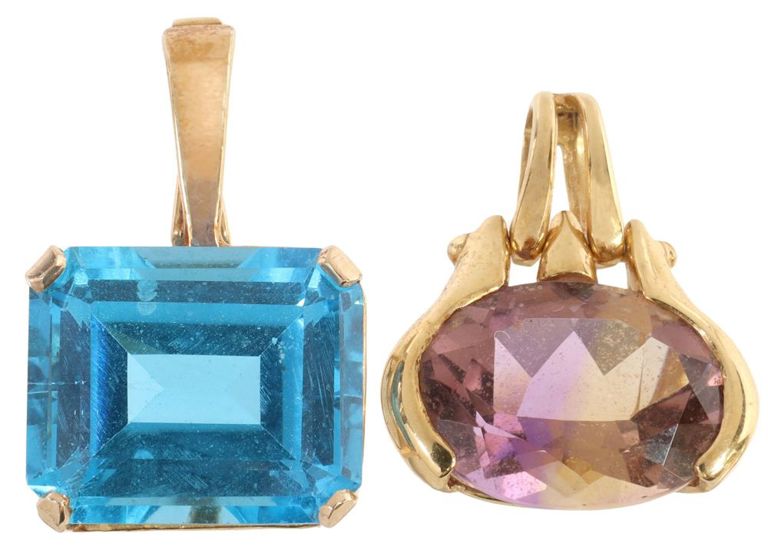 14k gold Swiss blue topaz and ametrine pendants