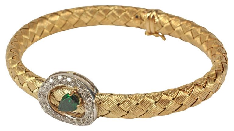 14k gold diamond and tsavorite garnet woven bracelet
