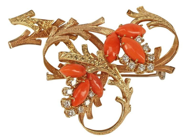 18k yellow gold diamond and coral brooch