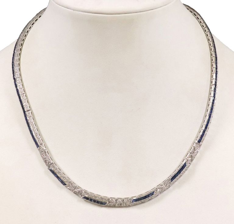 Art Deco 18k white gold collar sapphire necklace