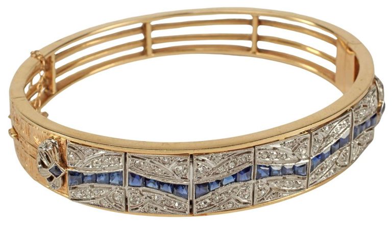 14k yellow gold Art Deco sapphire and diamond hinged bangle