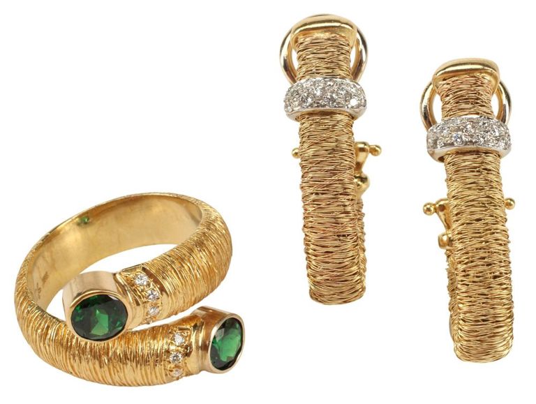 18k gold tsavorite garnet ring and 14k gold diamond earrings